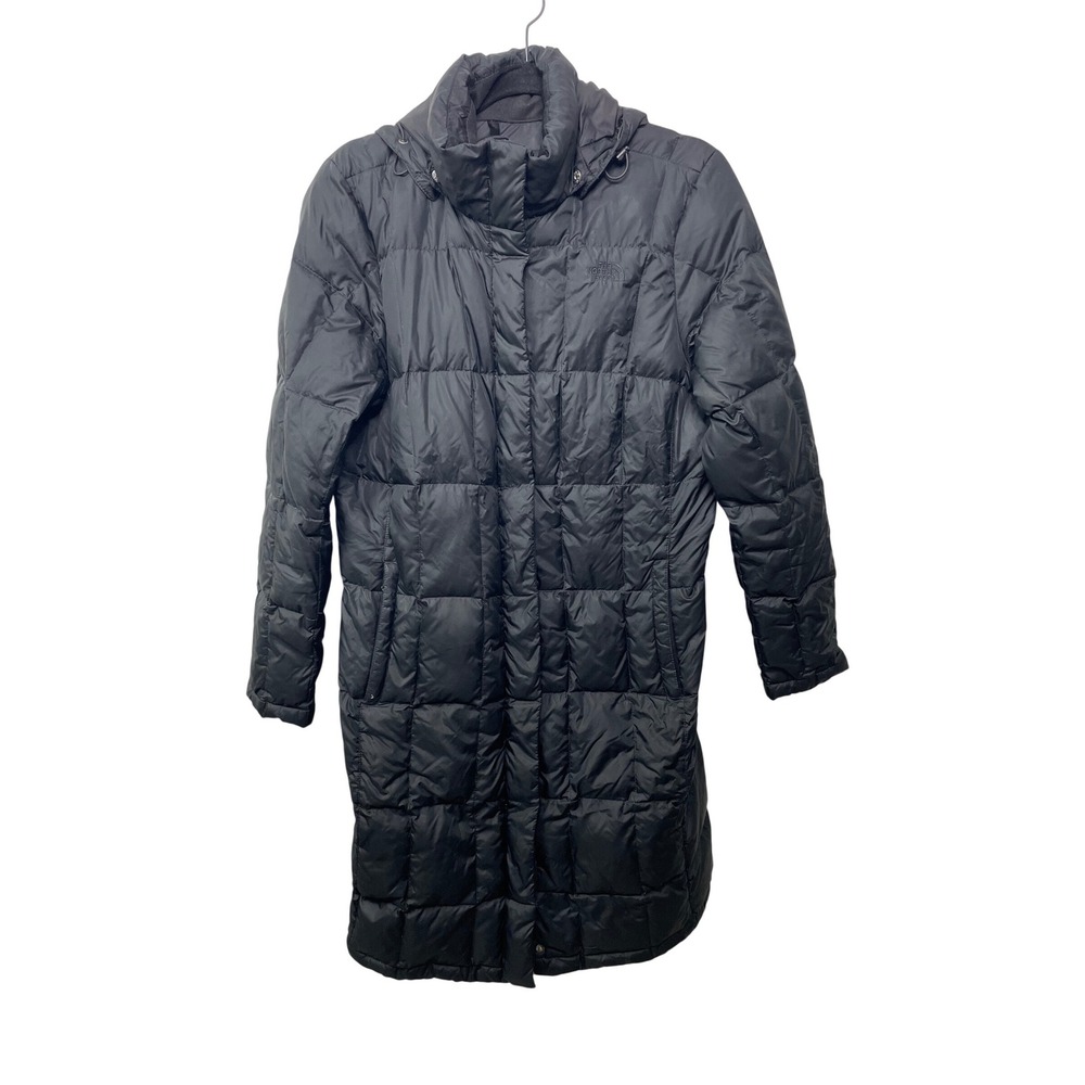 The North Face 550 Goose Down Puffer Jacket Coat Black Womens L Hooded Long Warm